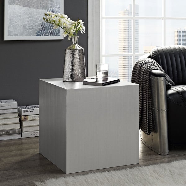 Modern Cube Stainless Steel Side Table， Silver