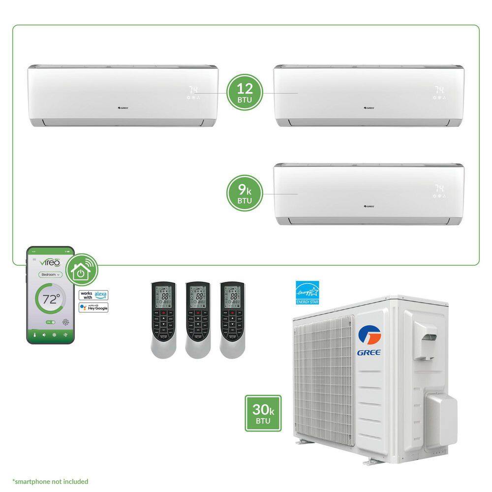 GREE Gen3 Smart Home Triple-Zone 28400 BTU 2.5 Ton Ductless Mini Split Air Conditioner with Heat Inverter Remote - 230V MULTI30VIR303HP