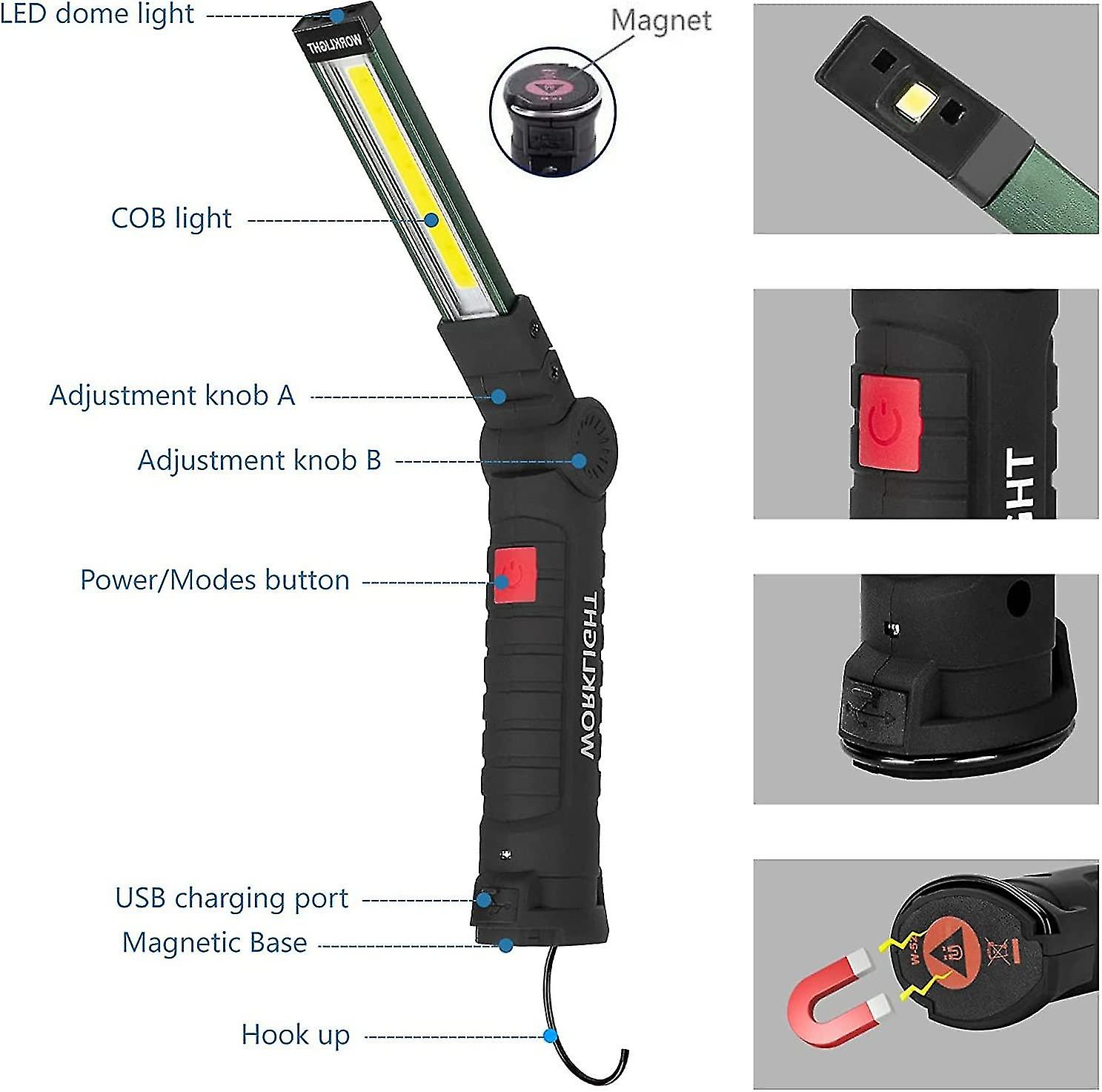 Usb Rechargeable Flashlight Torch Led Magnetic Cob Hanging Hook(2pcs Small)[energy Class A]