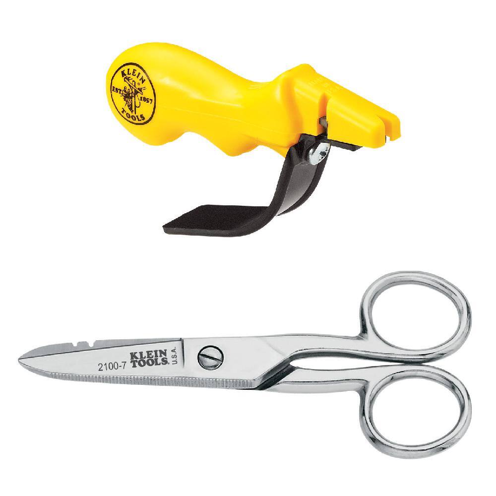 Klein Tools Electrical Scissors with Stripping Notches and Combination Knife and Scissors Sharpener Tool Set M2O41378KIT