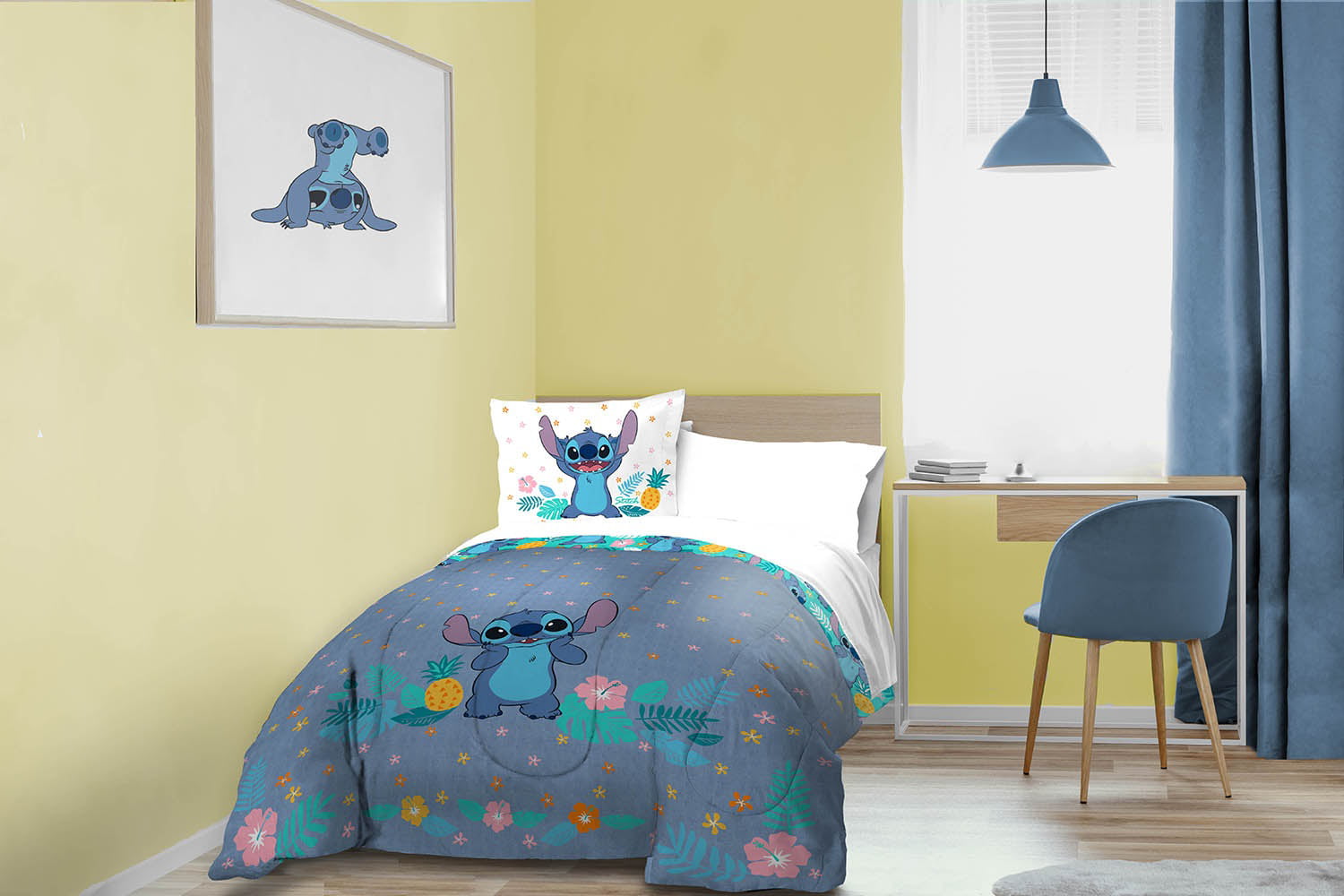 Lilo and Stitch Hawaiian Denim Kids 2-Piece Twin/Full Reversible Comforter and Sham Bedding Set， Microfiber， Blue， Disney