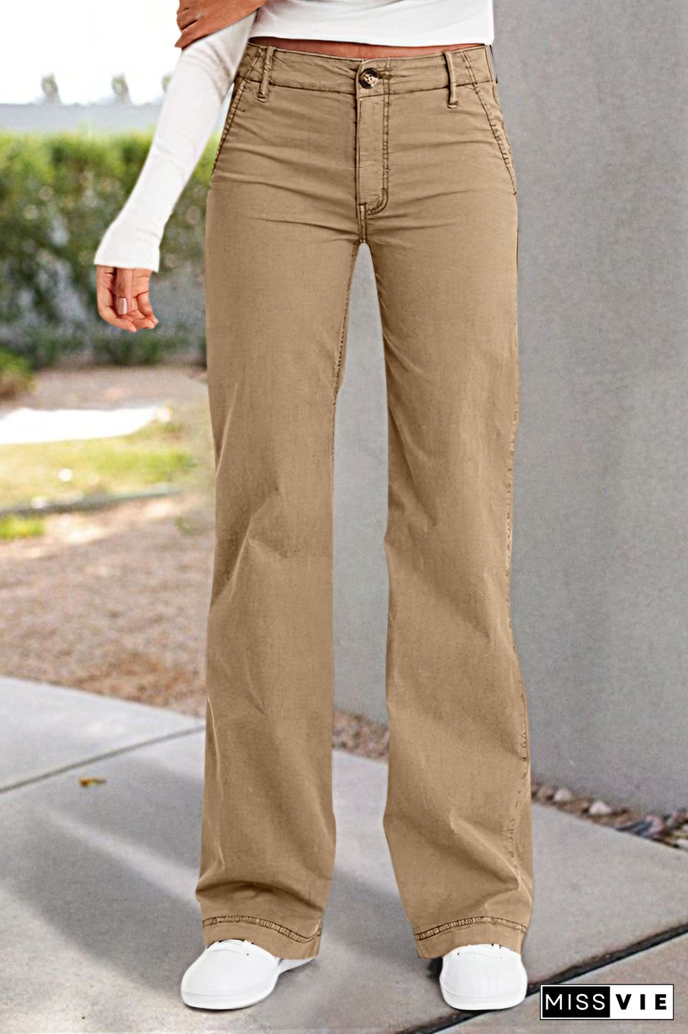 Solid Pocket Detail Mid Waist Wide Leg Pants