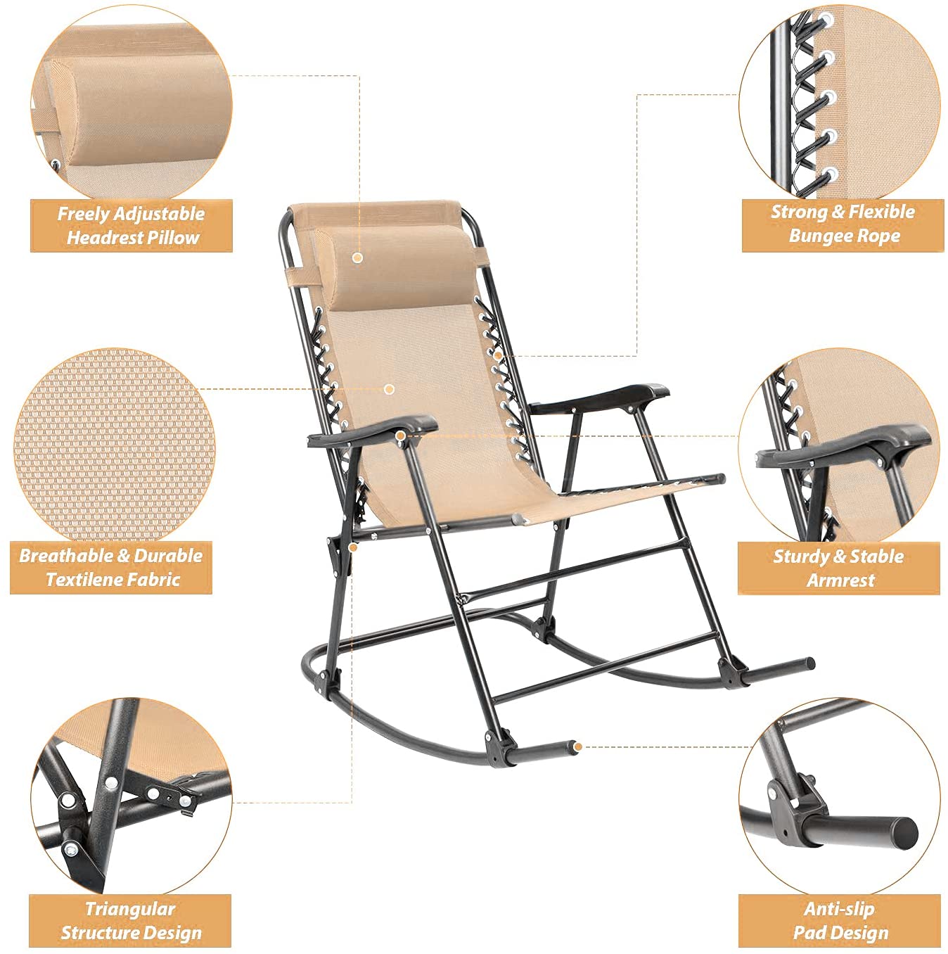 Devoko Zero Rocking Gravity Chair with Headrest Pillow Folding Recliner Foldable Lounge Chair, Beige