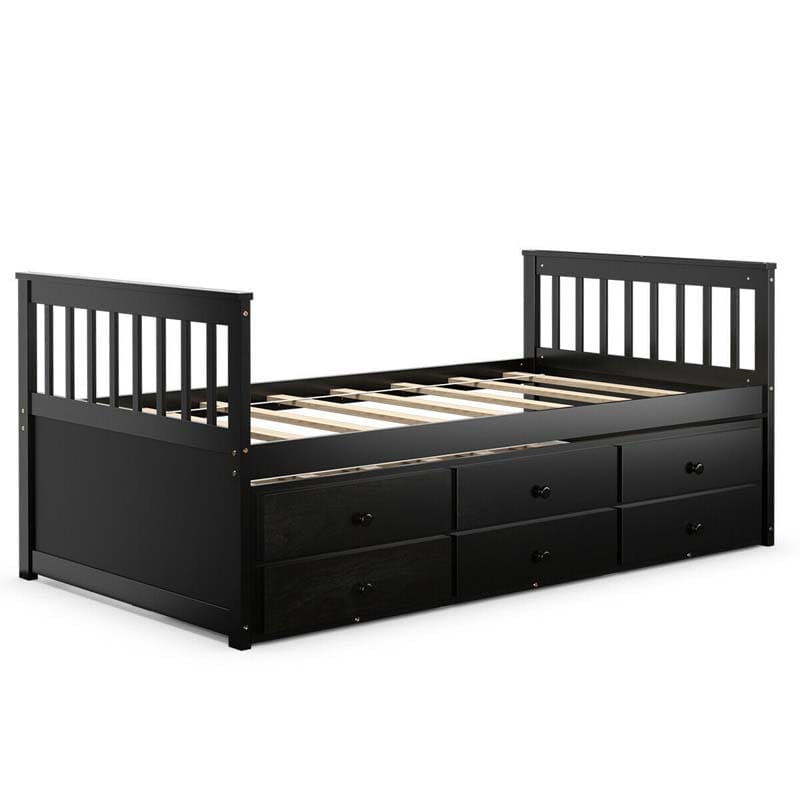 Twin Captain's Bed with Trundle Bed, Storage Daybed with 3 Drawers, Wooden Platform Bed for Kids Guests Sleepovers