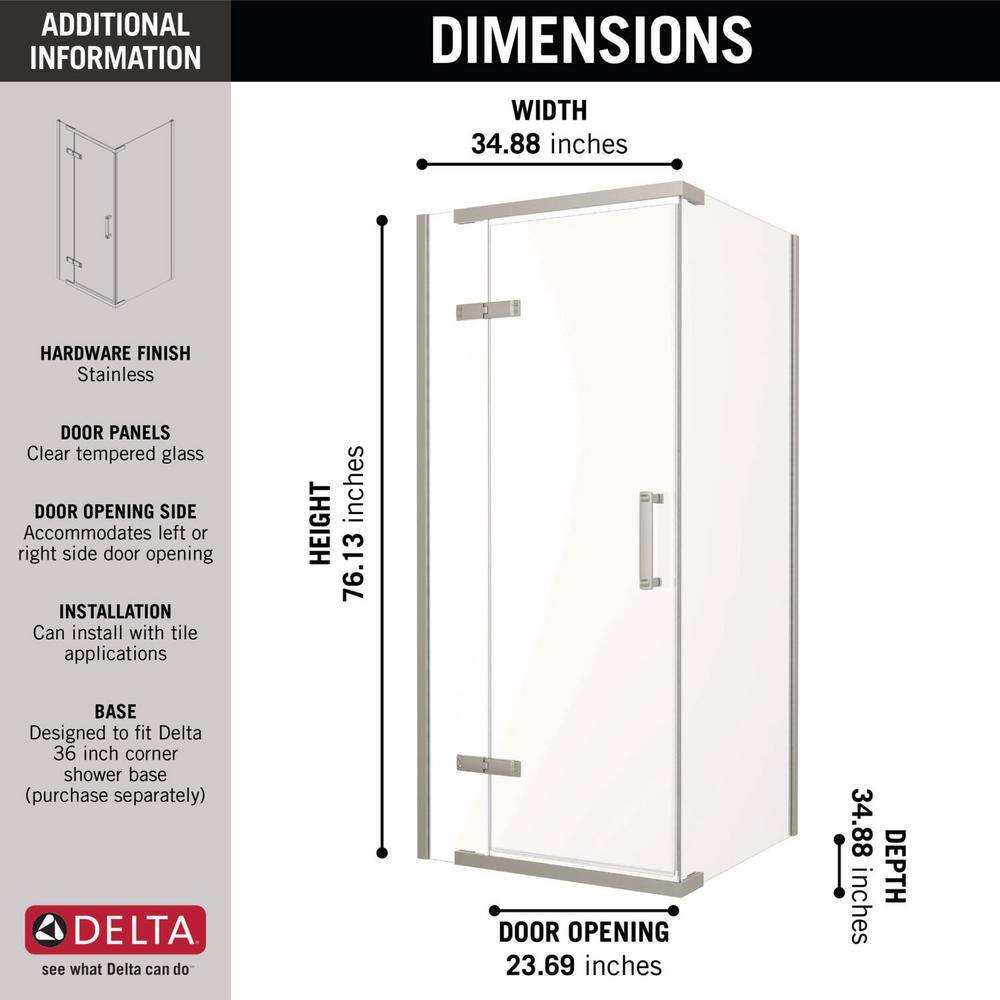 Delta Industrial 36 in. W x 76 in. H Square Pivot Frameless Corner Shower Enclosure in Stainless with Clear Glass B11472-3636-SS