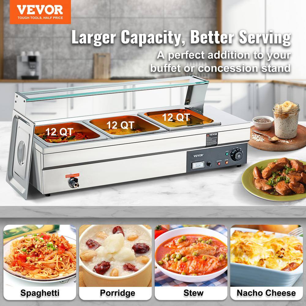 VEVOR 3-Pan Commercial Food Warmer 3 x 12 qt. Electric Steam Table 1500-Watts Countertop Stainless Steel Buffet Bain Marie BL312QT1500W3CLFRV1