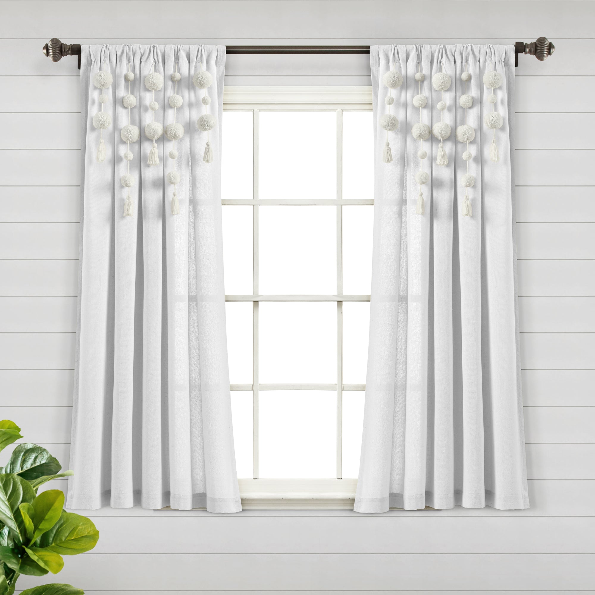 Boho Pom Pom Tassel Faux Linen Window Curtain Panel