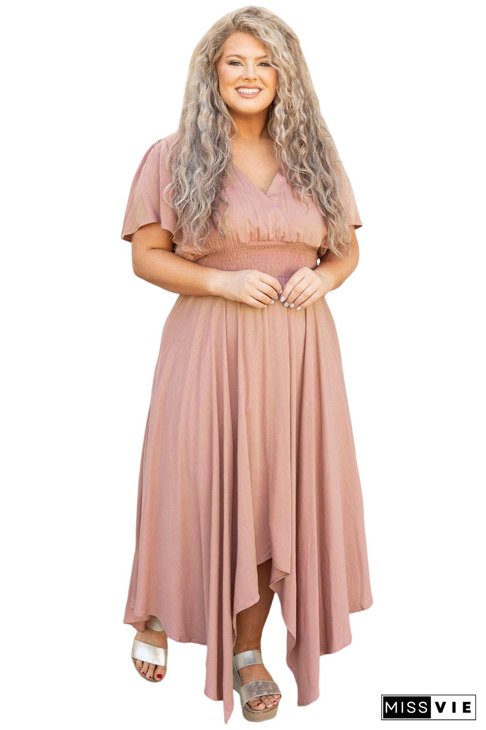 Pink Wrap V Neck Plus Size Handkerchief Dress