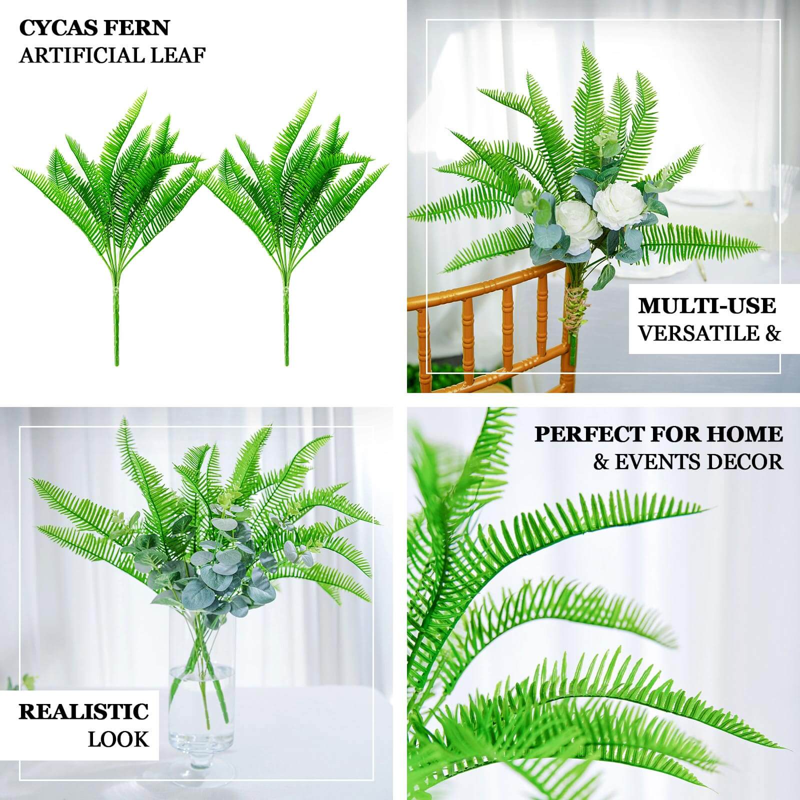 2 Stems Artificial Green Cycas Fern Leaf Indoor Bushes, Faux Plants