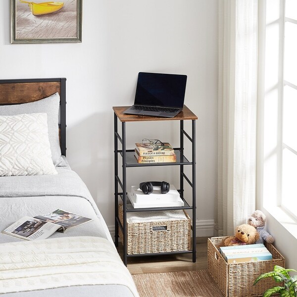 Industrial 4-Tier End Table with Mesh Shelves and 2 Wicker Storage Basket， Brown