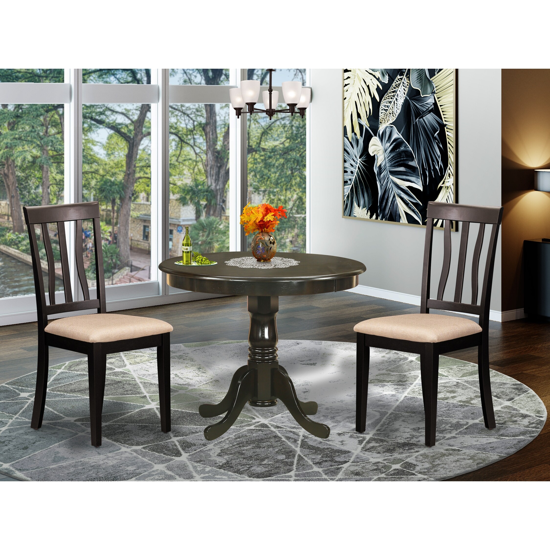 3-pieces Dining Set-Cappuccino Round Table Plus 2 Kitchen Chairs - Cappuccino Finish (Chairs Seat Options)