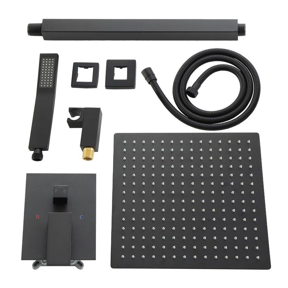 Logmey 2-Spray Patterns with 1.8 GPM 16 in. Ceiling Mount Dual Shower Head and Rough-In Valve Trim Kit in Matte Black LM-SLF16016-B