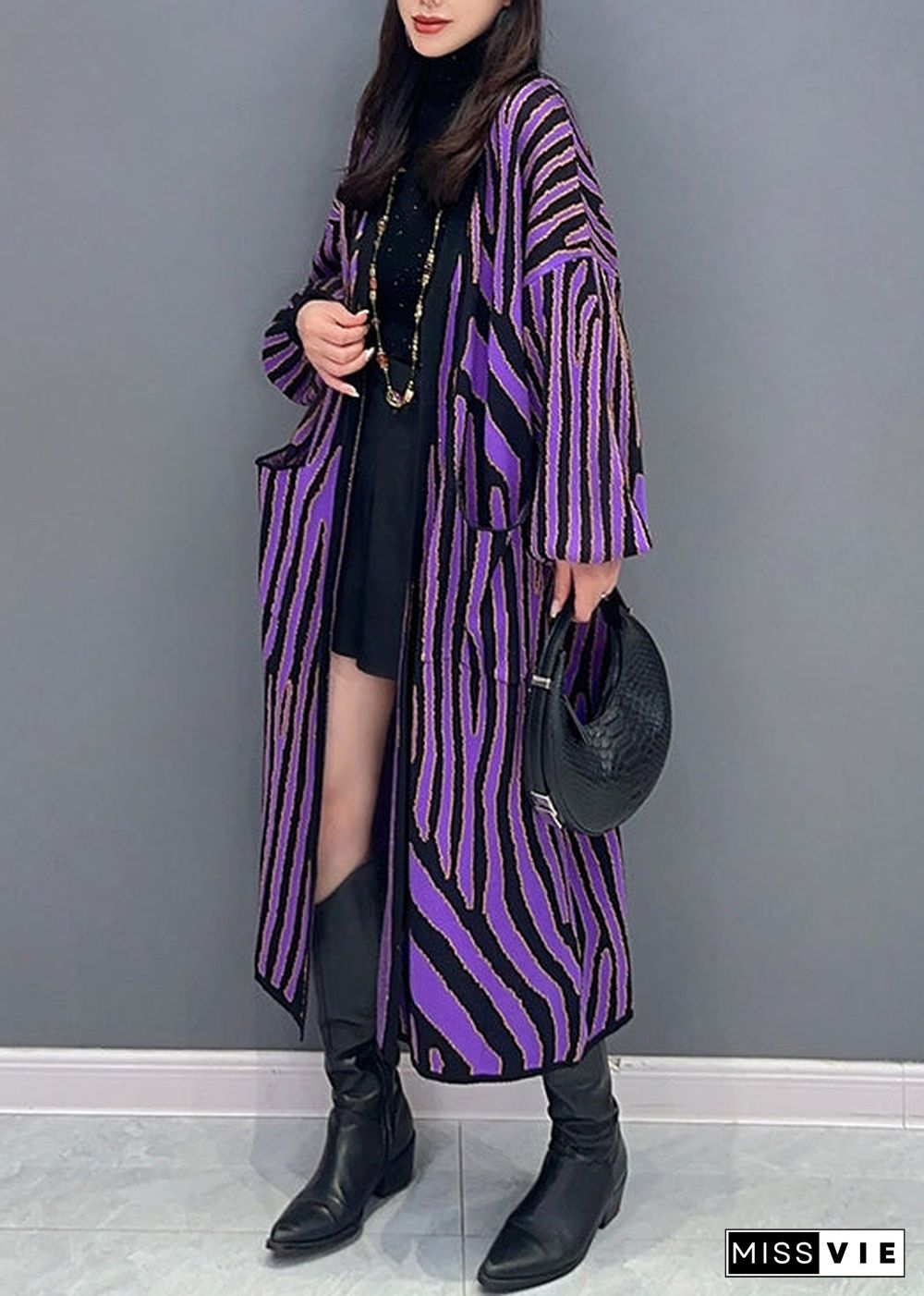 Women Purple Striped Pockets Patchwork Knit Long Cardigan Fall