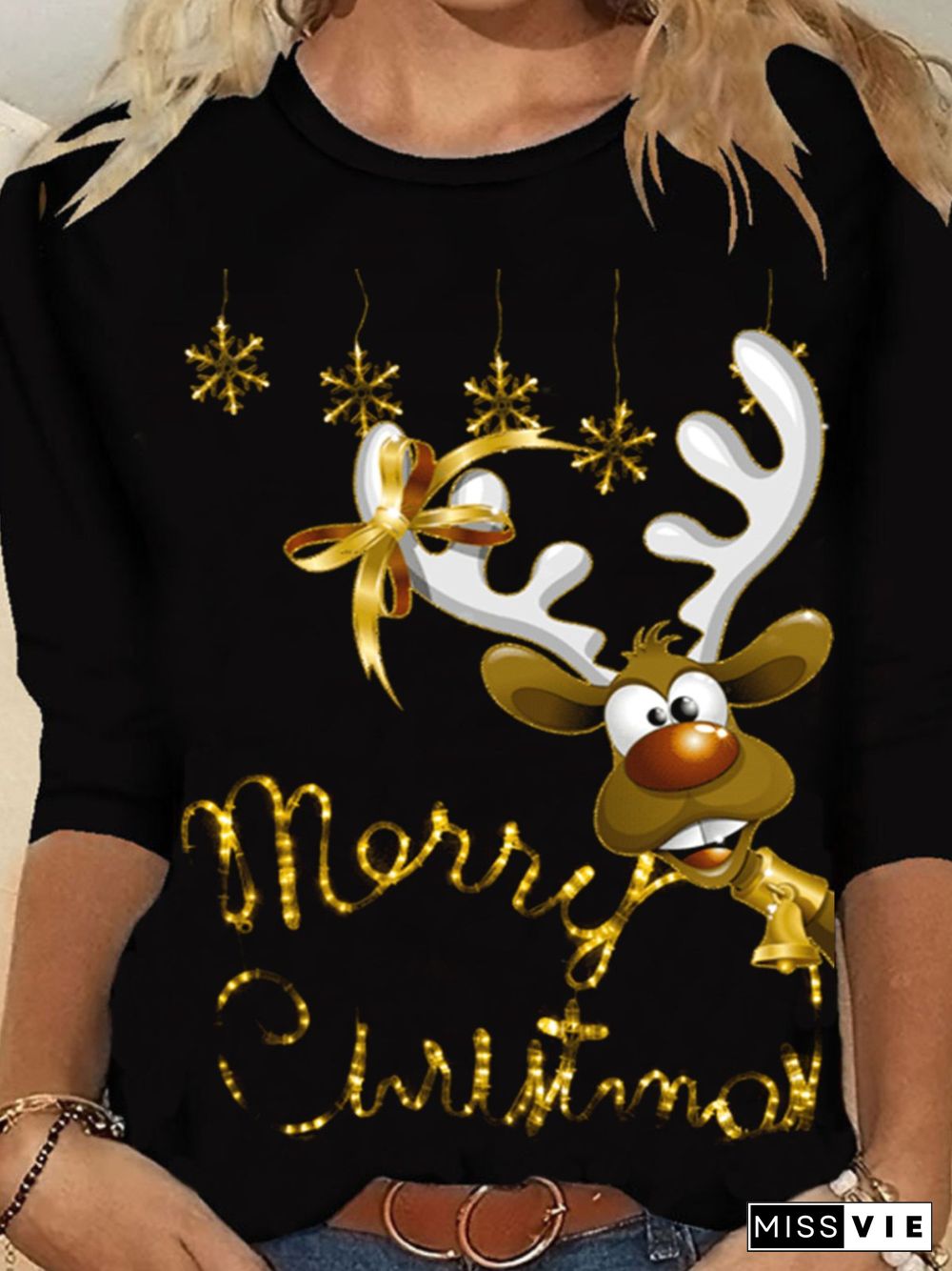 Christmas Xmas Long Sleeve Round Neck Plus Size Printed Tops T-shirts