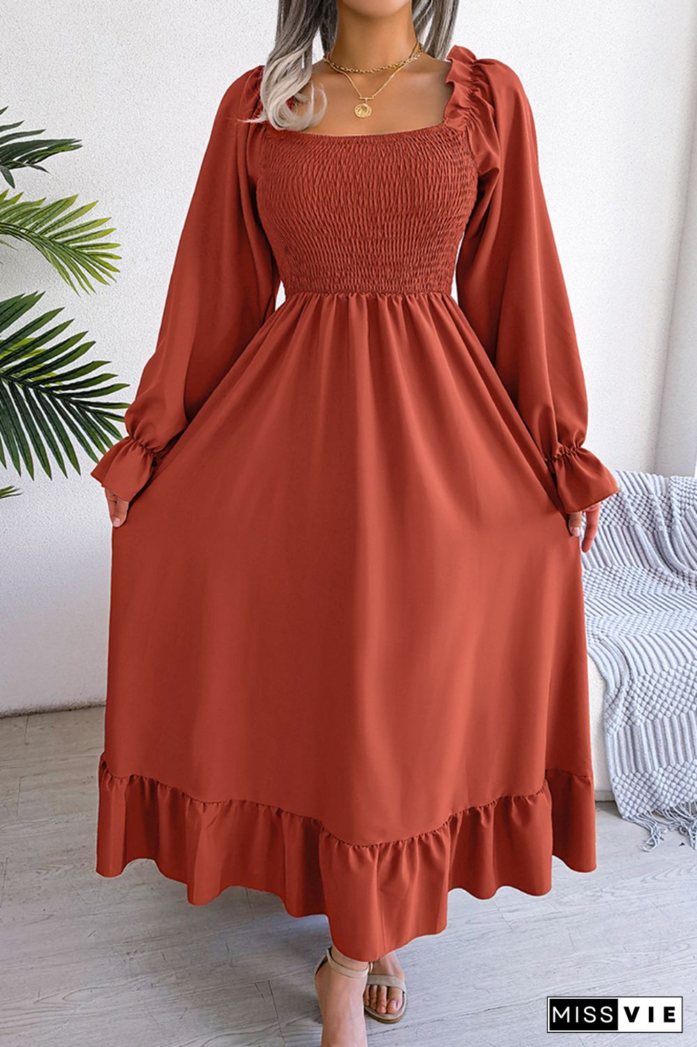 Plain Square Neck Smocked Top Maxi Dress