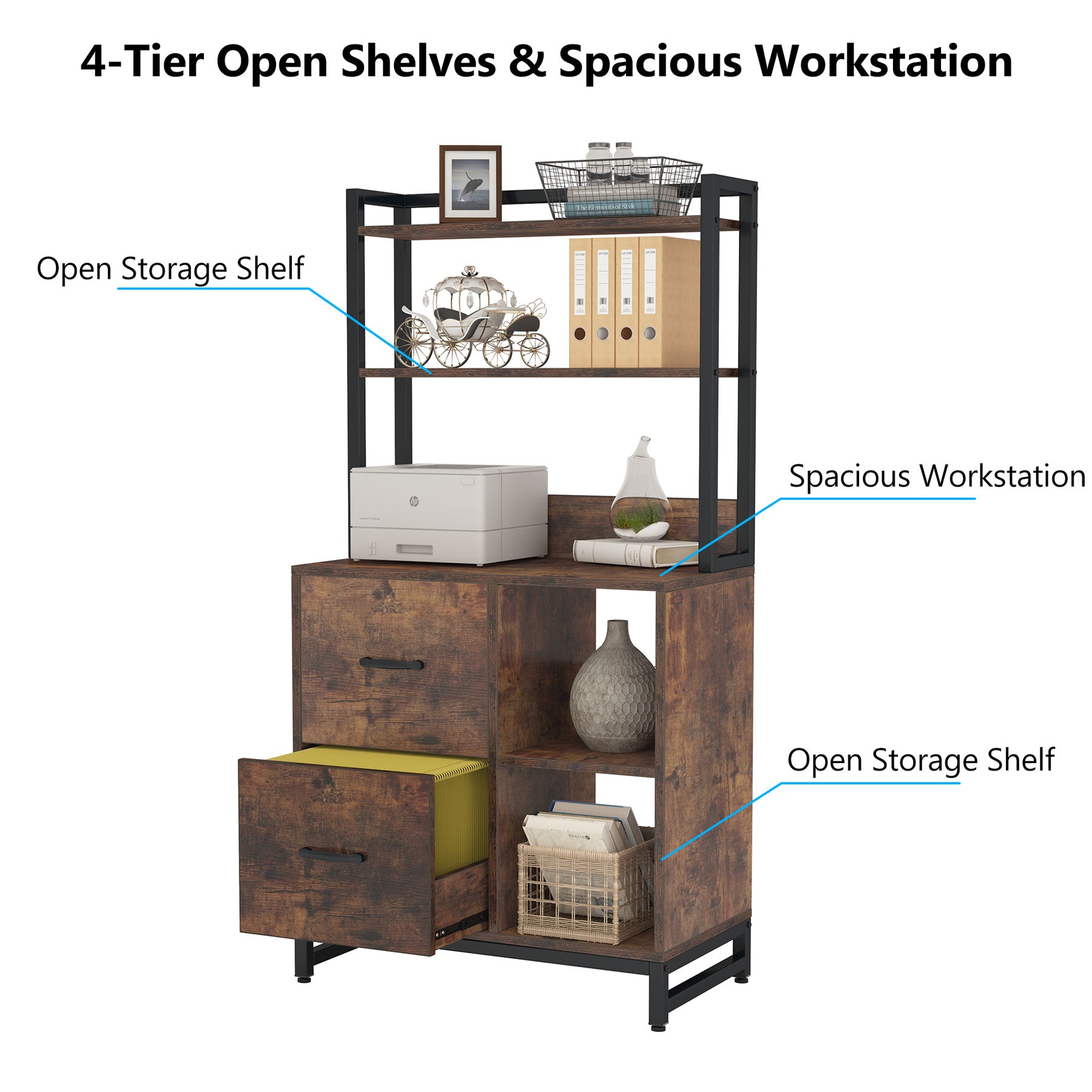 2-Drawer File Cabinet, Industrial Vertical Filling Cabinet with Bookshelf