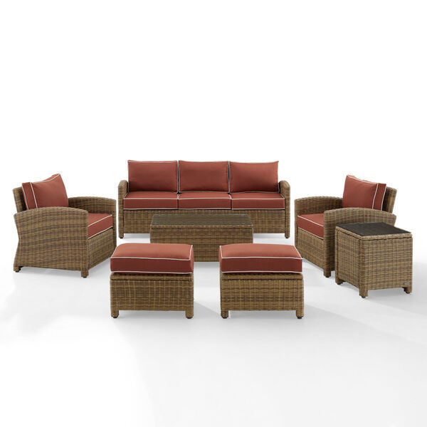 Bradenton Weathered Brown and Sangria Outdoor Wicker Sofa Set， 7-Piece