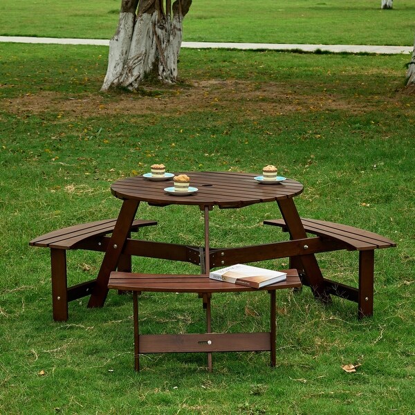 Outdoor Round Picnic Table with 3 Builtin Benches，Umbrella Hole