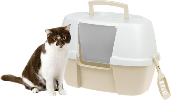 IRIS USA Enclosed Corner Cat Litter Box with Front Door Flap and Scoop， Large， Almond