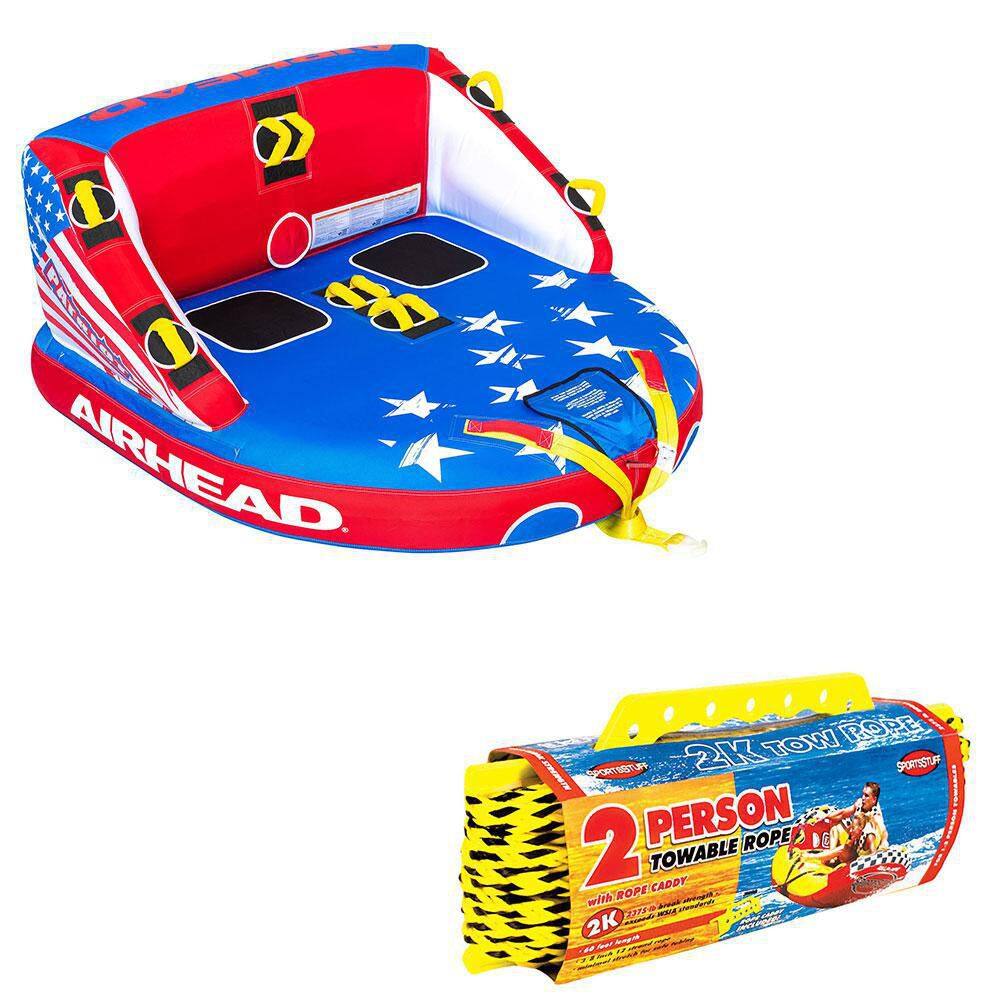 Airhead Patriot 2-Person Towable Kwik-Connect Chariot Style Tube with Tow Rope 53-2213-VMI19 + 57-1522