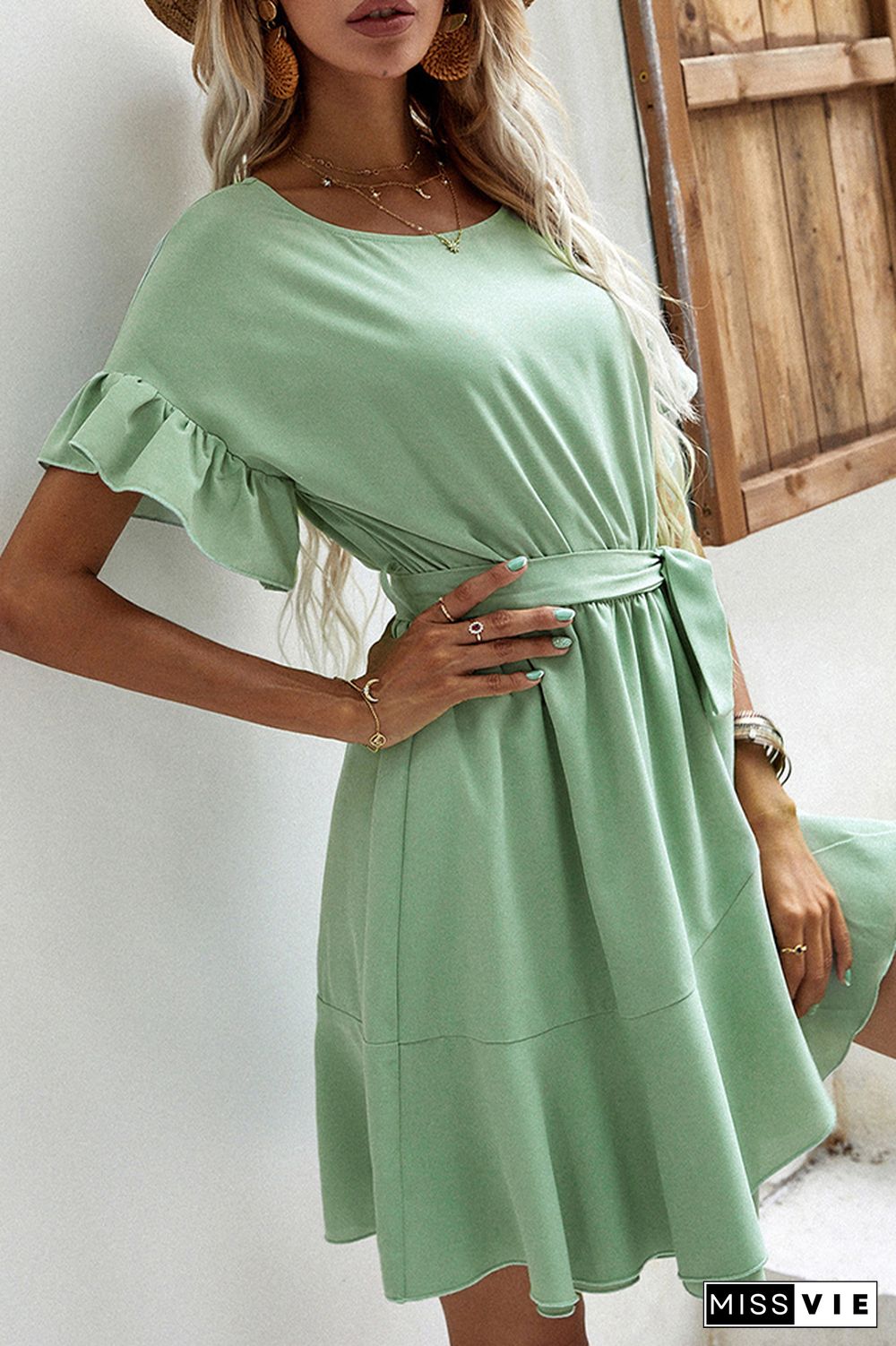 Ruffles Short Sleeve Midi Dress With Belt Wholesale