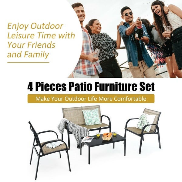 4 pcs Patio Furniture Set with Glass Top Coffee Table - 42.5