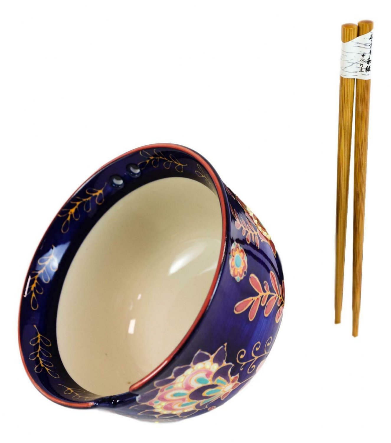 1 Mandala Floral Blossoms Purple Ramen Noodles Soup Large 6D Bowl W/ Chopsticks EBR02