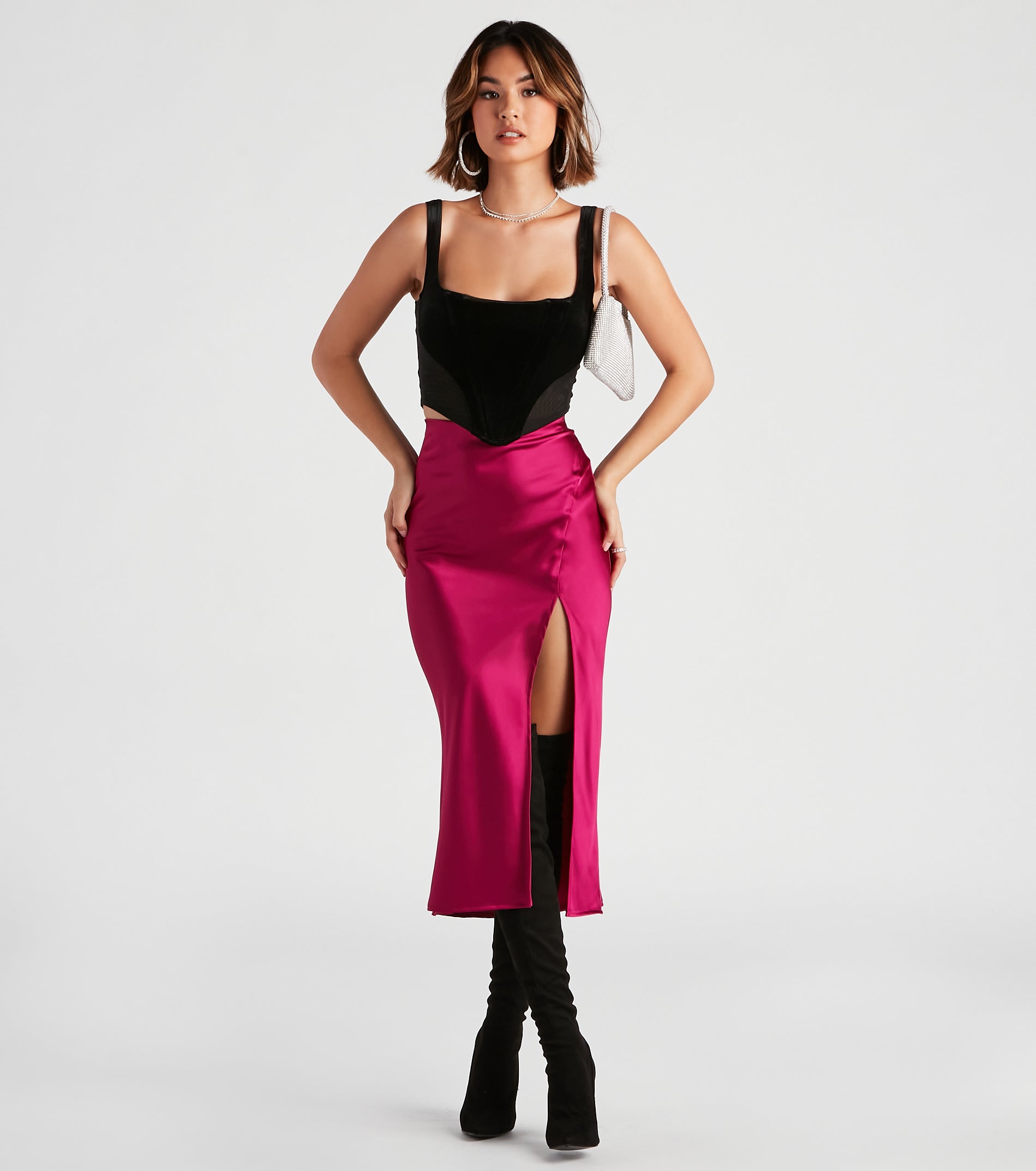 Scene Stealer High Slit Satin Midi Skirt