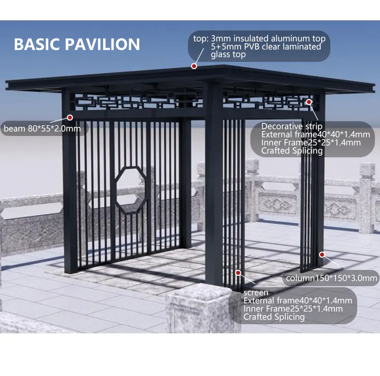 Factory Direct Supply Aluminum New Chinese Style Metal Pavilion Villa Garden Place Gazebo Outdoor