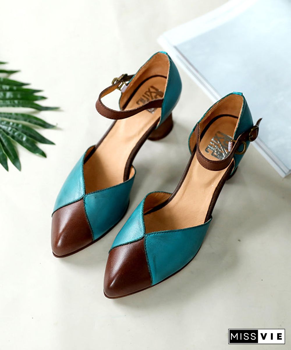 Chocolate Blue Splicing High Heels Chunky Cowhide Leather Retro Buckle Strap High Heels