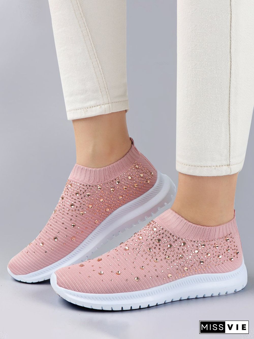 Rhinestone Design Portable Overfoot Lightweight Flyknit Sneakers