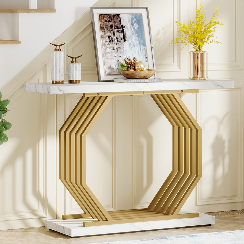 Gold Console Table  Faux Marble Entryway Table Narrow Sofa Table   40 Inch Modern Accent Table with Geometric Metal Base