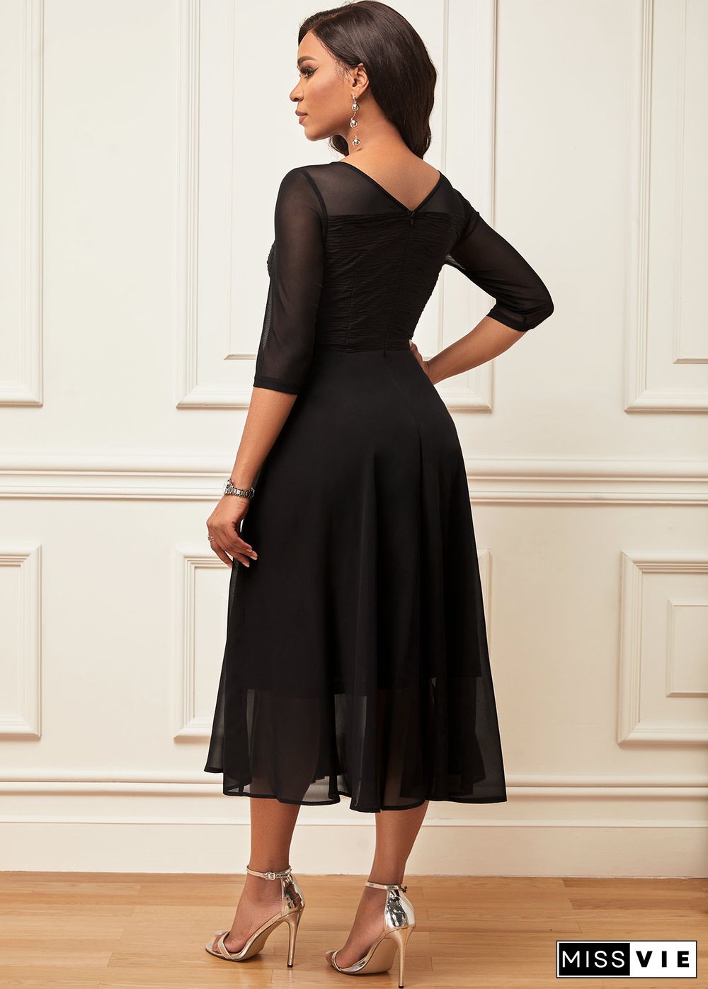 Layered Hem Chiffon 3/4 Sleeve Black Dress