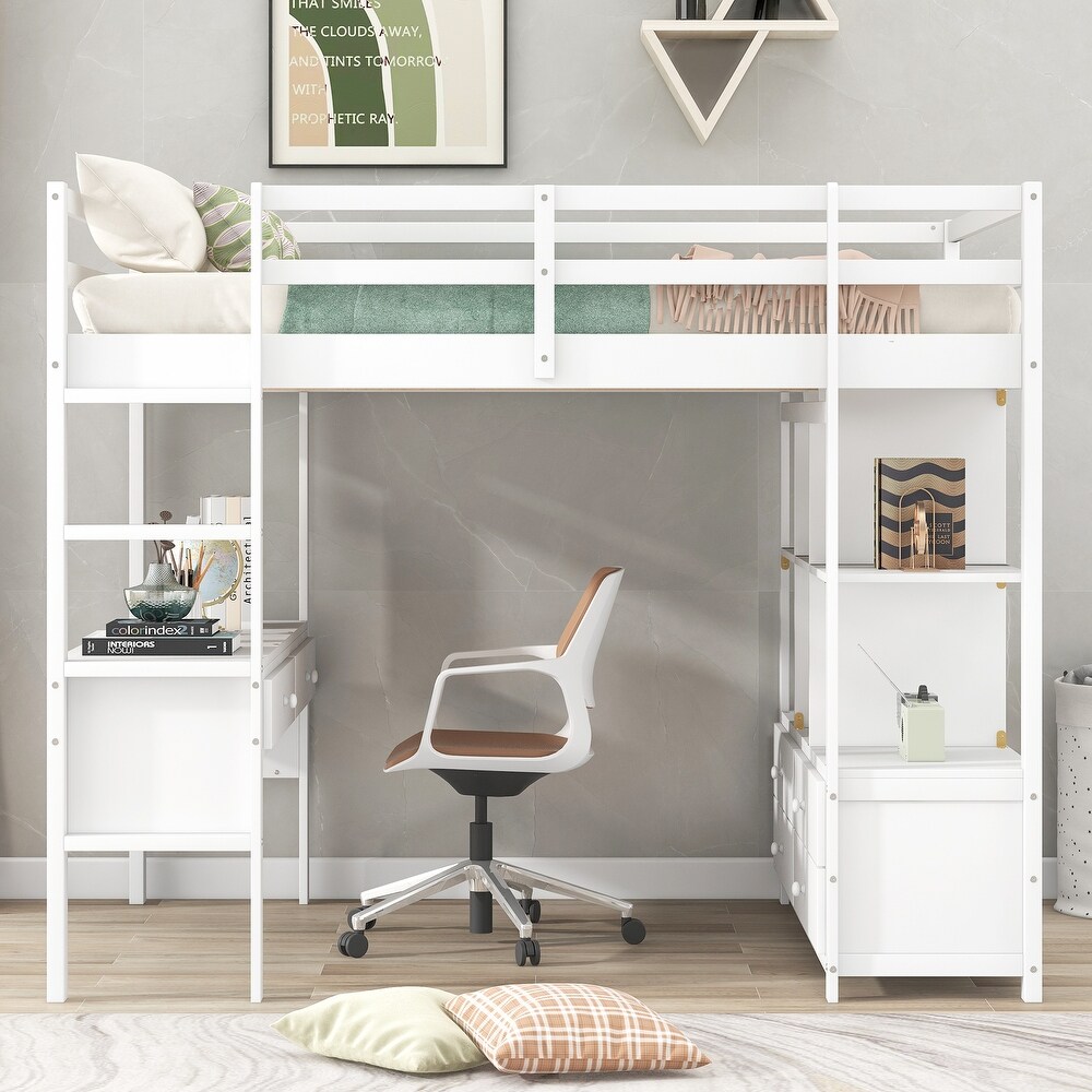 Full Size Loft Bed with Built in Desk with Storage Shelves   Drawers