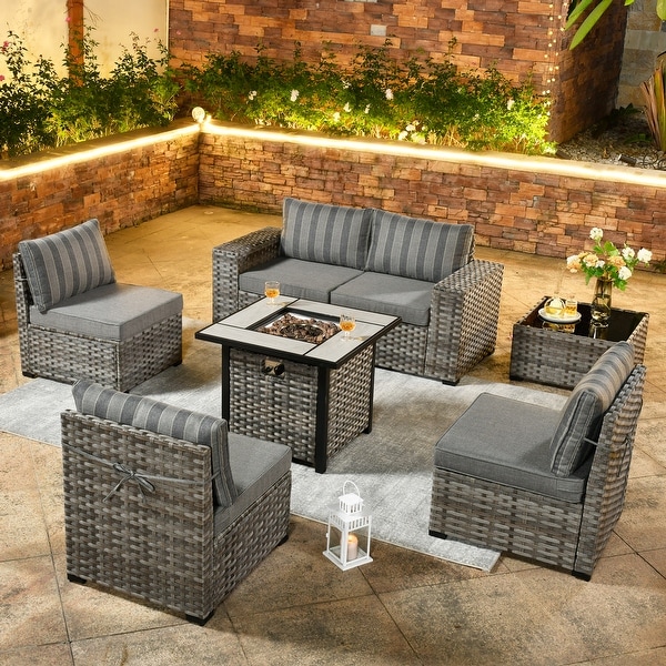 OVIOS Patio Wicker Furniture Wide Arm 7piece Fire Pit Set with Table