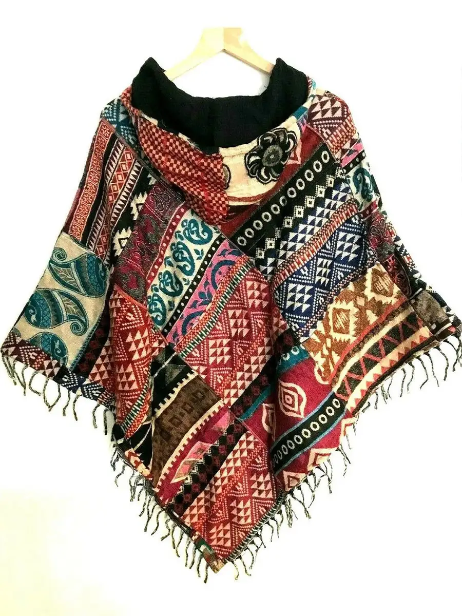 Vintage Print Ethnic Hooded Poncho