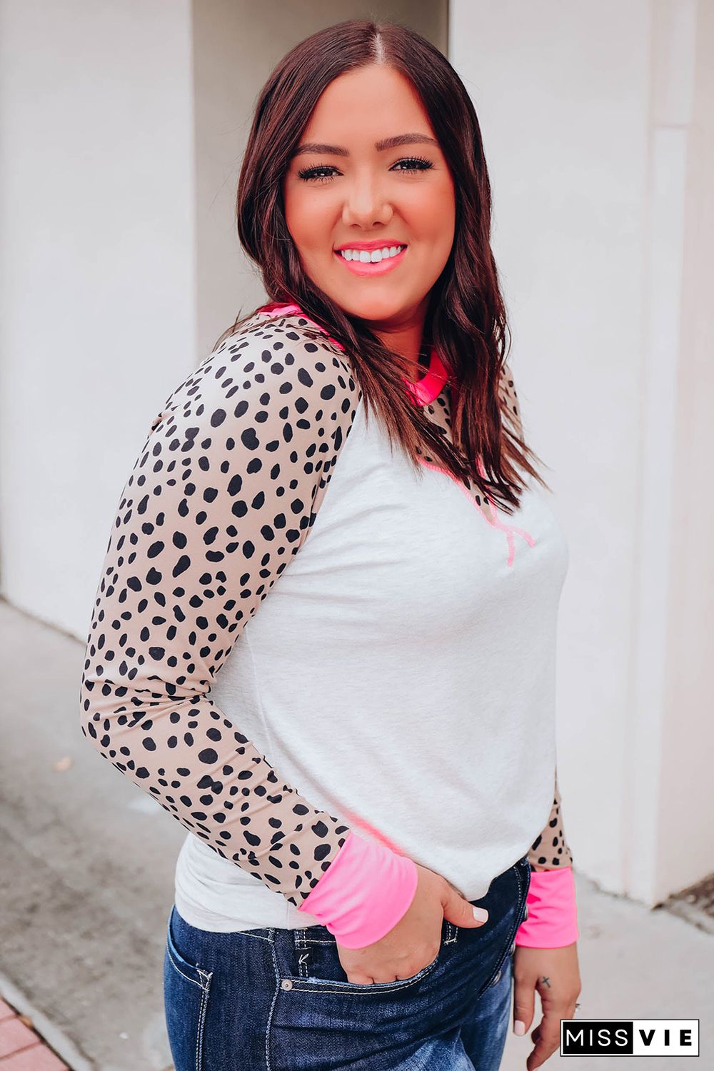 White Leopard Patchwork Long Sleeve Plus Size Top