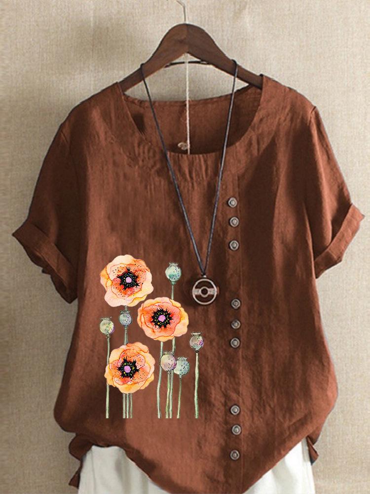 Round Neck Casual Loose Floral Print Short Sleeve Blouse