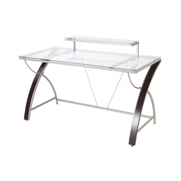 Axley 55”W Glass Computer Desk， Cherry/Silver