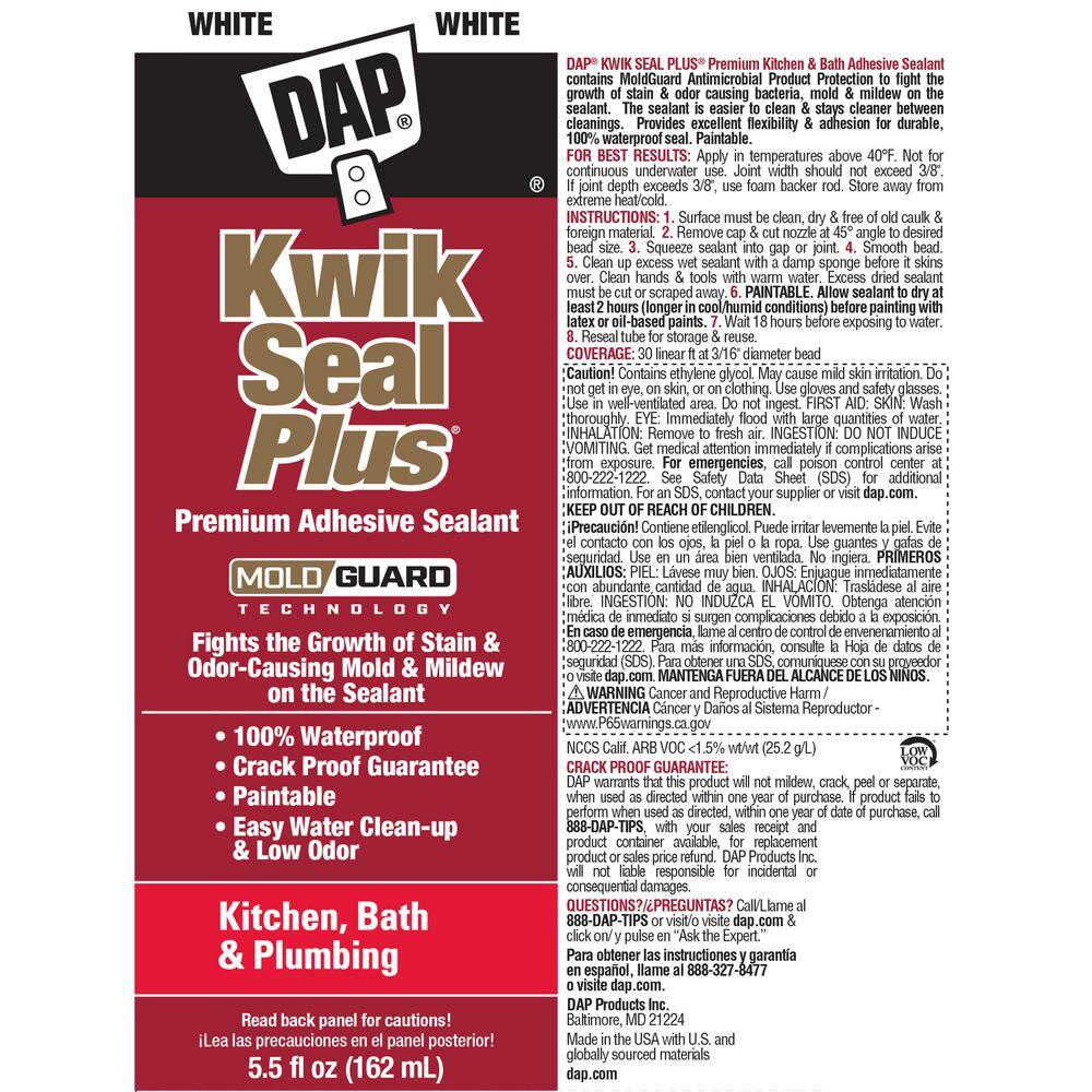 DAP Kwik Seal Plus 5.5 oz. White Premium Kitchen and Bath Siliconized Caulk (12-Pack) 7079818526