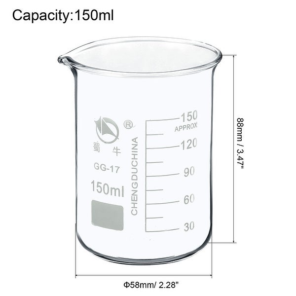 150ml Low Form Glass Beaker， 3.3 Borosilicate Lab Measuring Cups - Clear