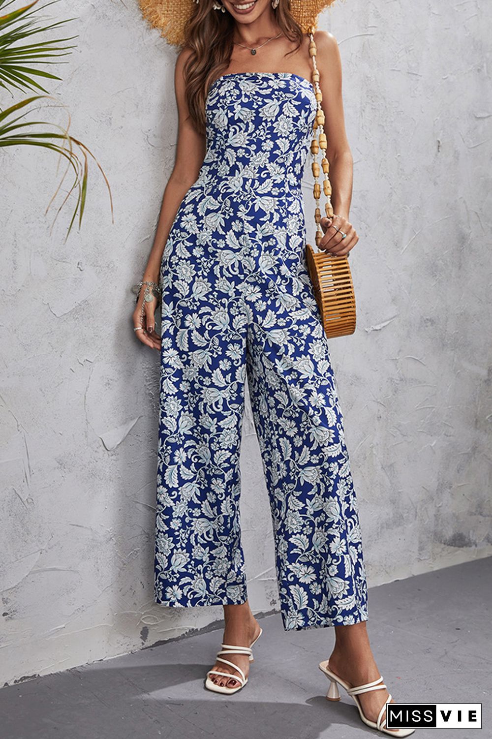 Blue Off Shoulder Wide Leg Floral Jumpsuit