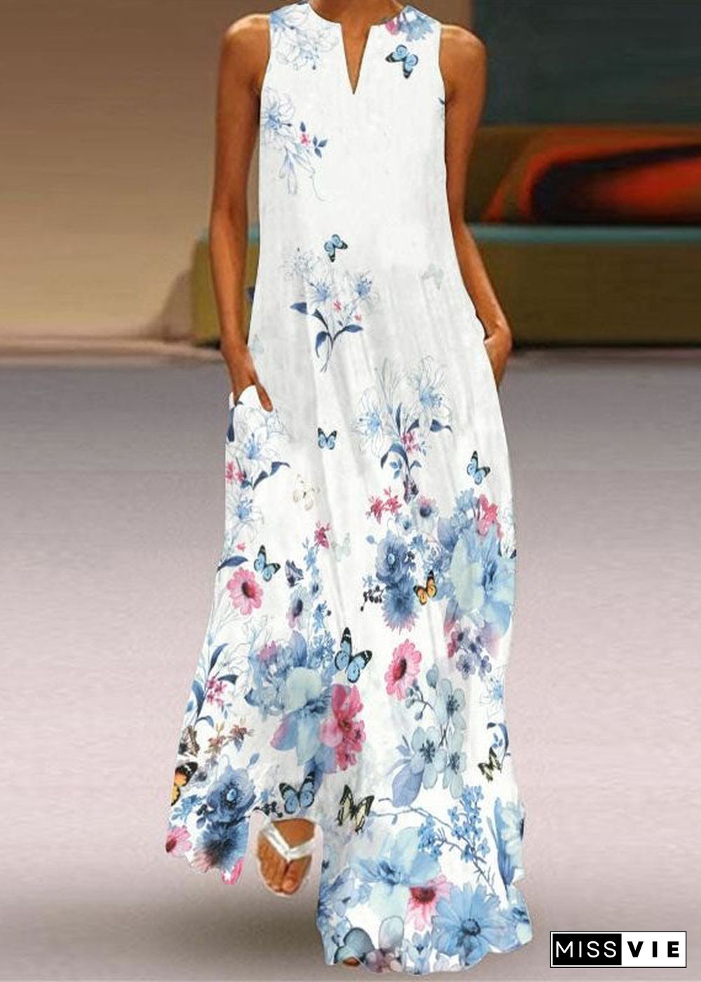 European And American Style Blue Print Chiffon Long Dress Summer