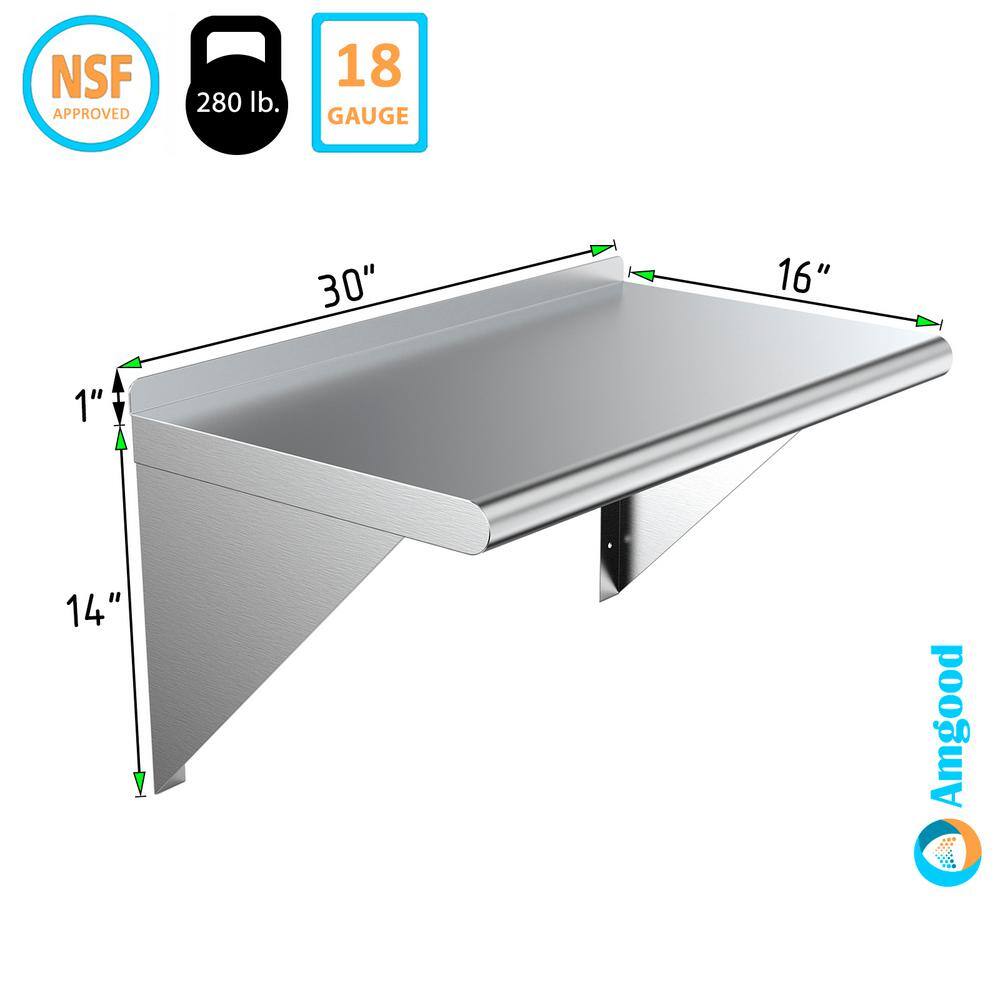 AMGOOD 16 in. x 30 in. Stainless Steel Wall Shelf. Kitchen Restaurant Garage Laundry Utility Room Metal Shelf with Brackets AMG WS-1630