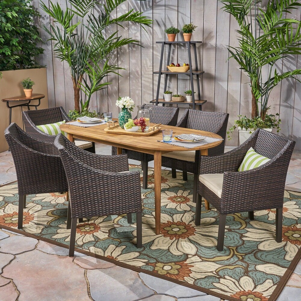 Stamford Outdoor 7 Piece Acacia Wood Dining Set with Wicker Chairs by Christopher Knight Home