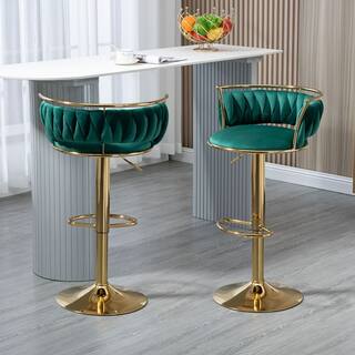 Uixe 38.5 in. Dark Green Low Back Metal Frame Swivel Adjustable Height Bar Stool with Velvet Seat (Set of 2) FOP-BT-GREEN-2