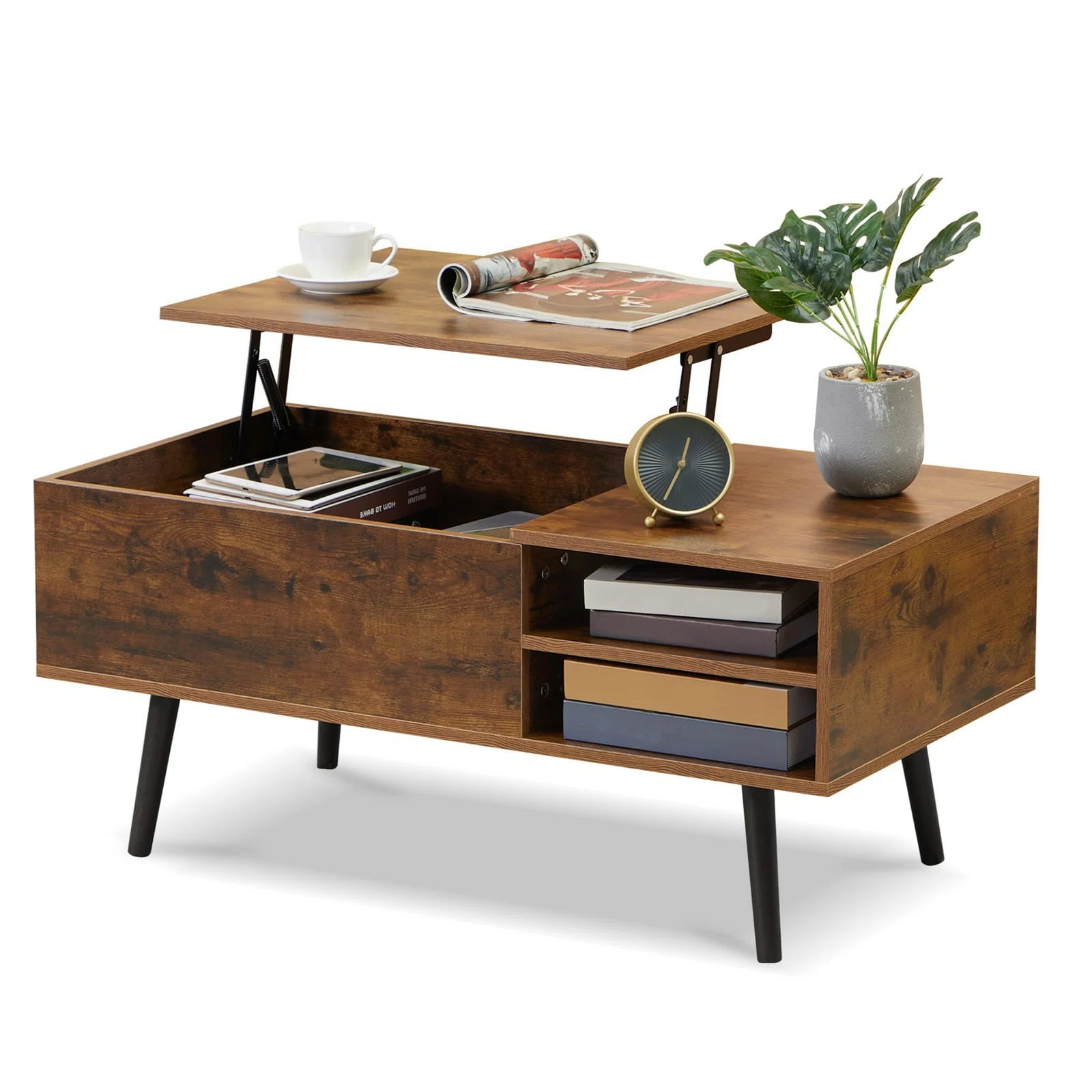 Semiocthome Vintage Wood Lift Table Coffee Table with Storage, Brown