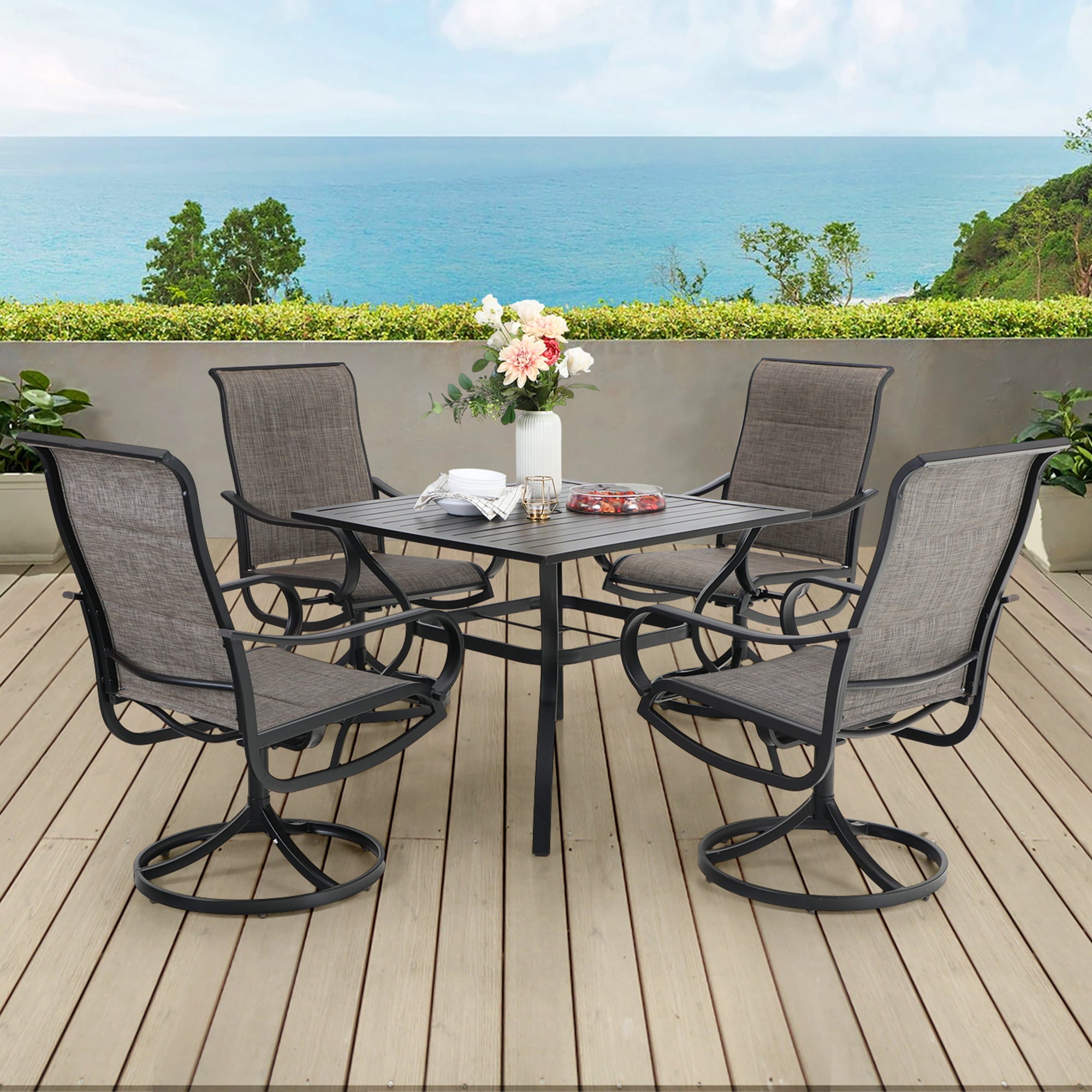 MF Studio 5-Piece Outdoor Patio Dining Set with High-Back Padded Swivel Chairs&Square Table for 4-Person, Black&Gray