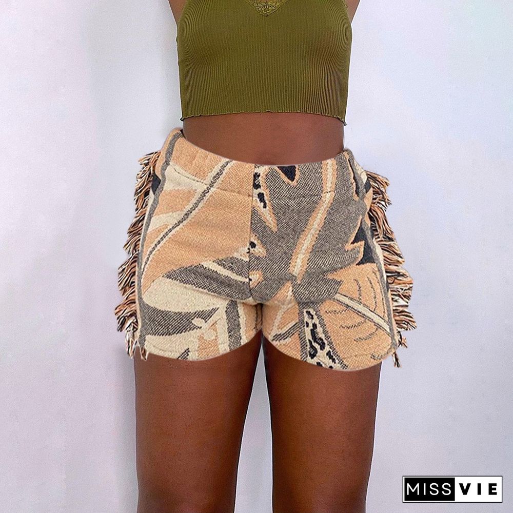 Pattern Print Tassel Side Mid Waist Shorts