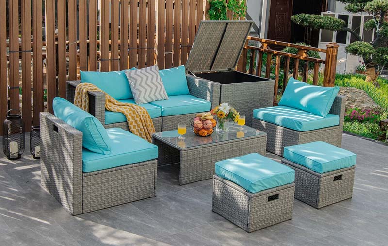 8 Pcs Rattan Patio Sectional Furniture Set Wicker Outdoor Cushioned Sofa Set with Storage Box & Waterproof Cover